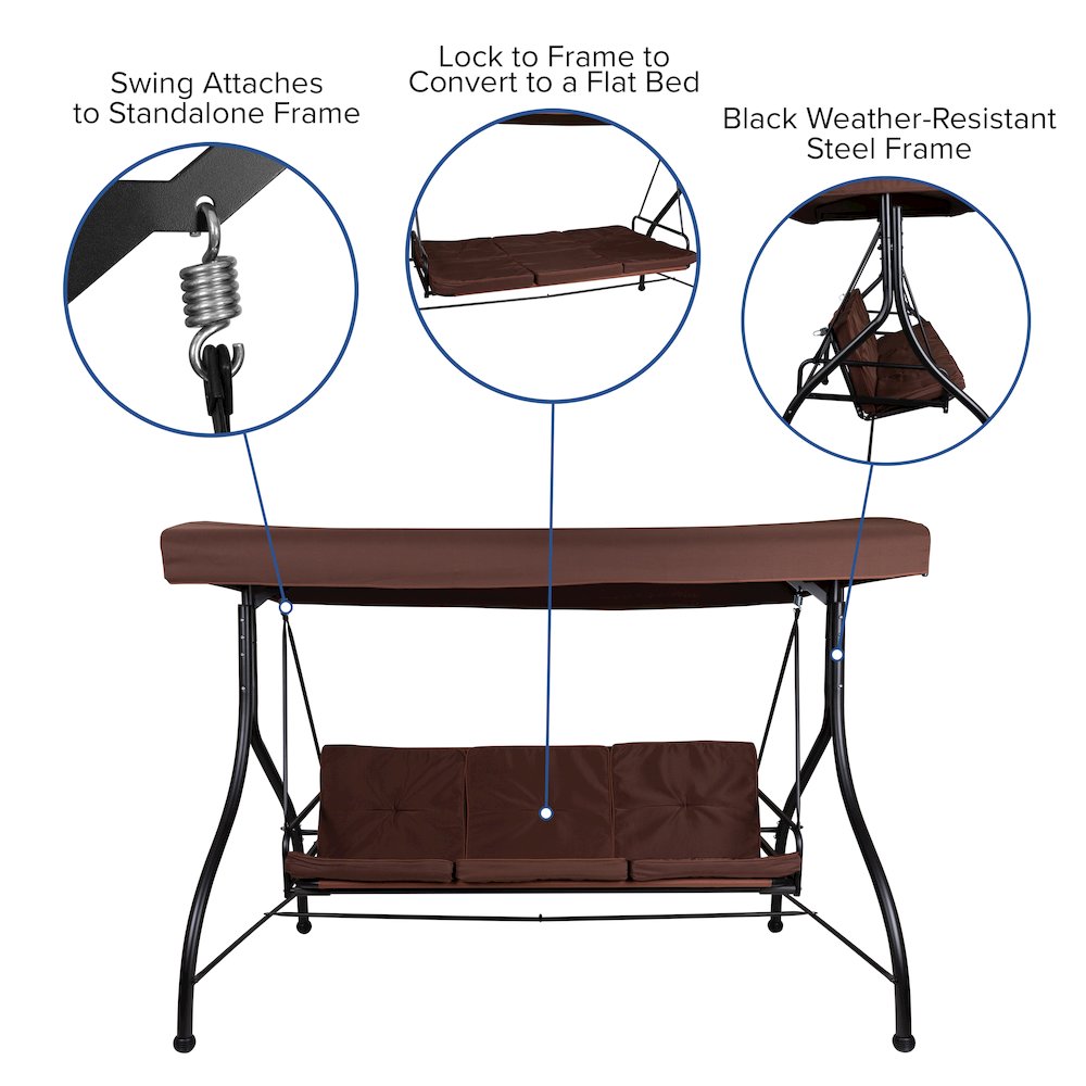 3-Seat Steel Converting Patio Swing Canopy Hammock with Cushions (Brown). Picture 5