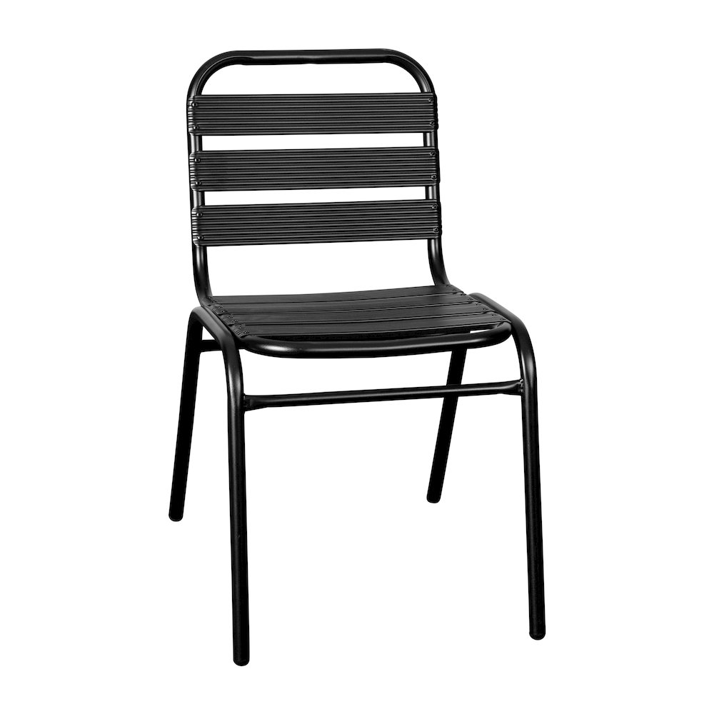Black Metal Indoor-Outdoor Restaurant Stack Chair with Metal Triple Slat Back. Picture 1