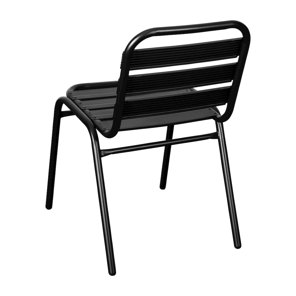 Black Metal Indoor-Outdoor Restaurant Stack Chair with Metal Triple Slat Back. Picture 8