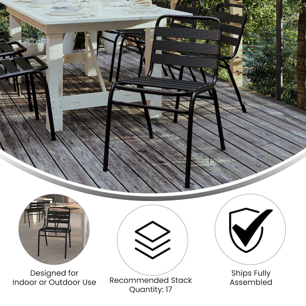 Black Metal Indoor-Outdoor Restaurant Stack Chair with Metal Triple Slat Back. Picture 4