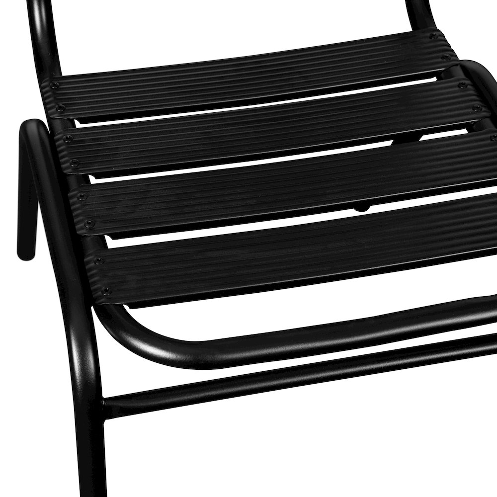 Black Metal Indoor-Outdoor Restaurant Stack Chair with Metal Triple Slat Back. Picture 9