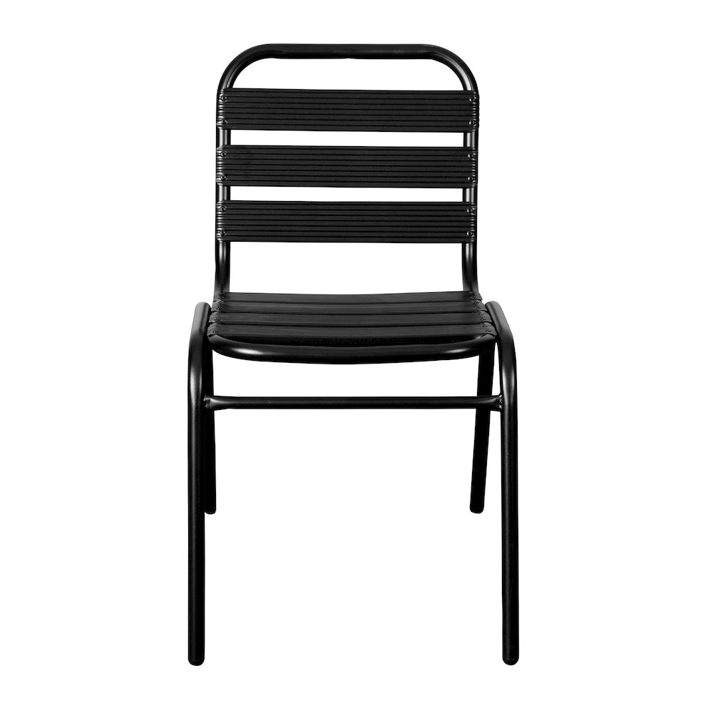 Black Metal Indoor-Outdoor Restaurant Stack Chair with Metal Triple Slat Back. Picture 11