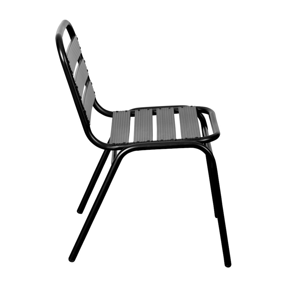 Black Metal Indoor-Outdoor Restaurant Stack Chair with Metal Triple Slat Back. Picture 10