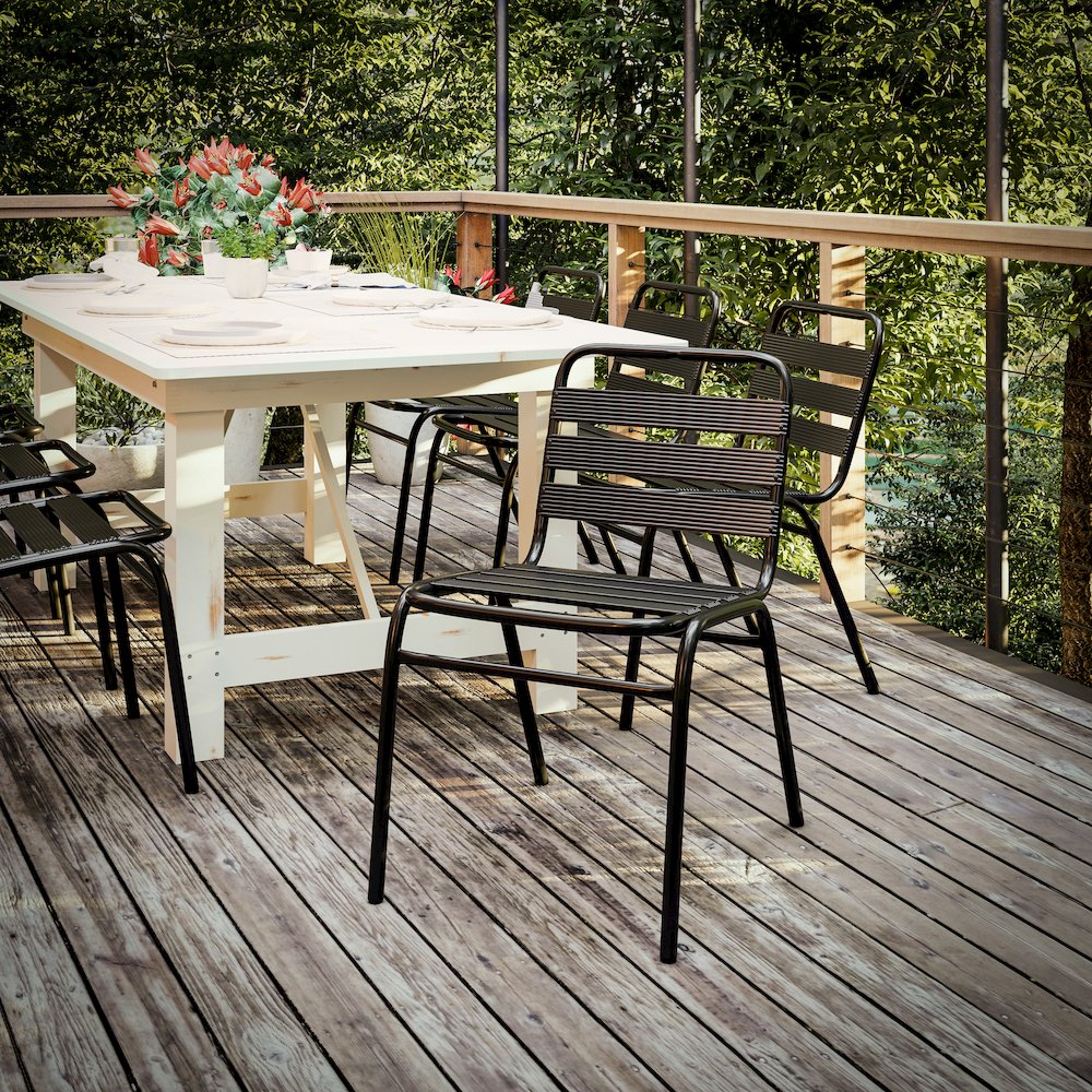 Black Metal Indoor-Outdoor Restaurant Stack Chair with Metal Triple Slat Back. Picture 2