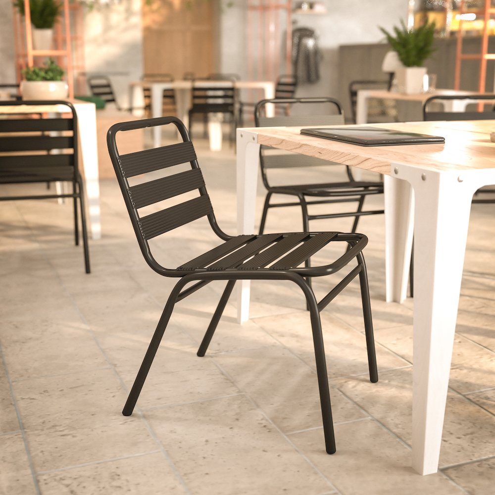 Black Metal Indoor-Outdoor Restaurant Stack Chair with Metal Triple Slat Back. Picture 6