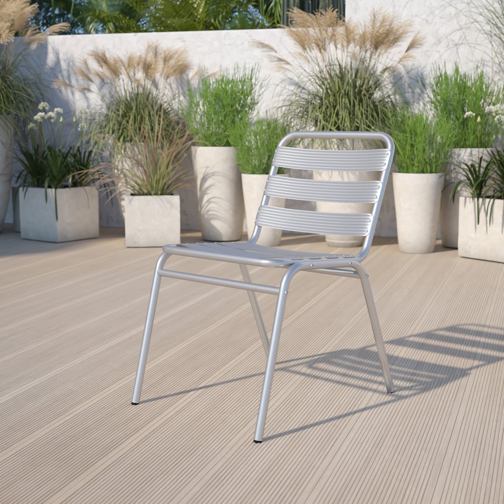 Commercial Aluminum Indoor-Outdoor Restaurant Stack Chair with Triple Slat Back. Picture 8