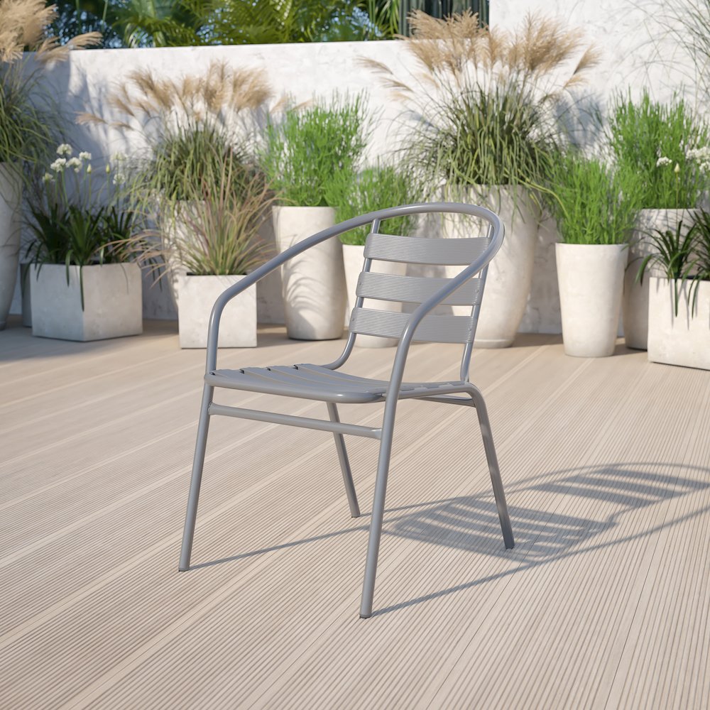 Silver Metal Restaurant Stack Chair with Aluminum Slats. Picture 2