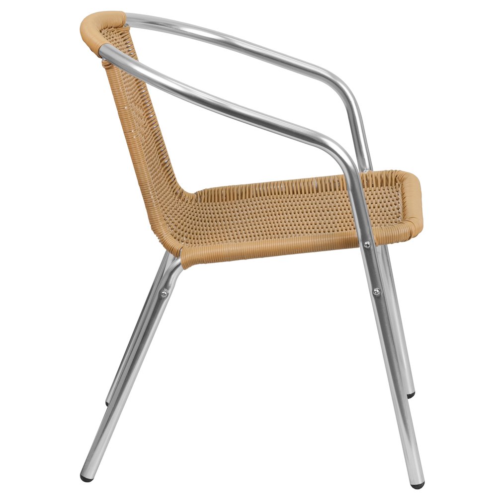Commercial Aluminum and Beige Rattan Indoor-Outdoor Restaurant Stack Chair. Picture 2