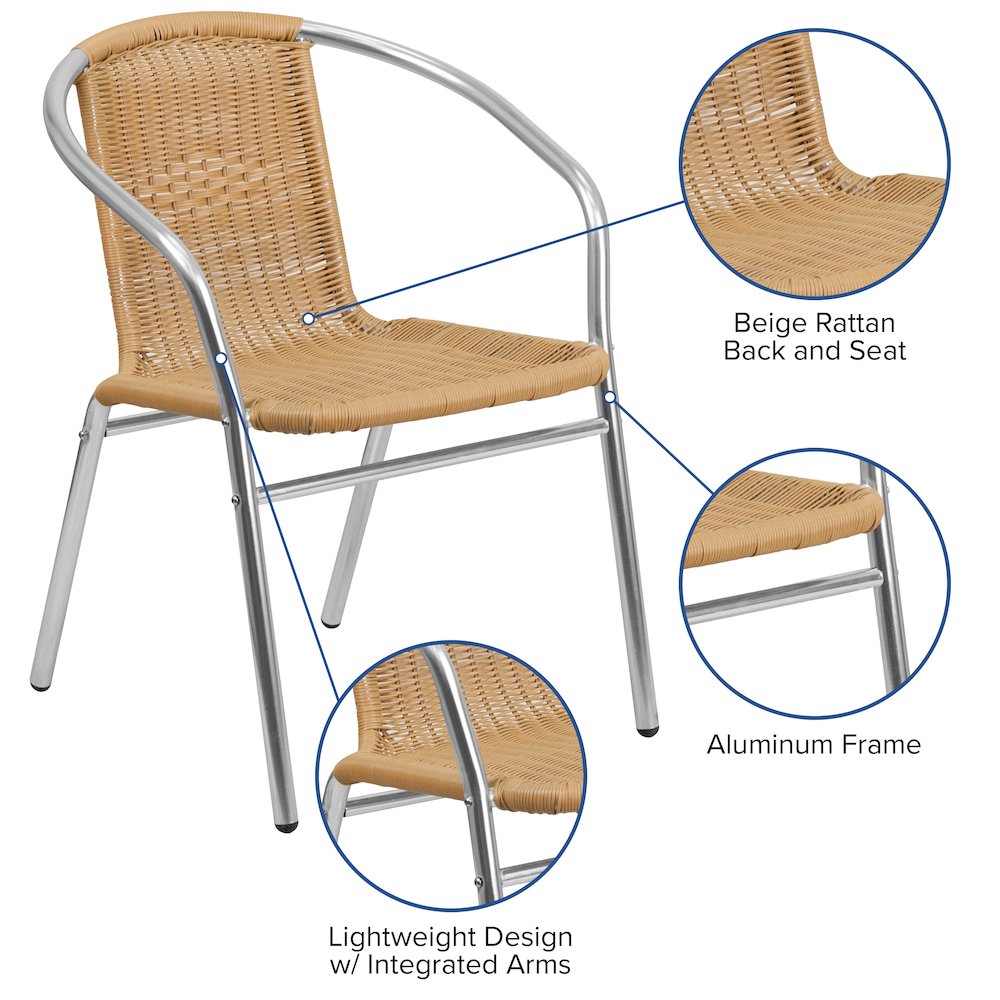 Commercial Aluminum and Beige Rattan Indoor-Outdoor Restaurant Stack Chair. Picture 5