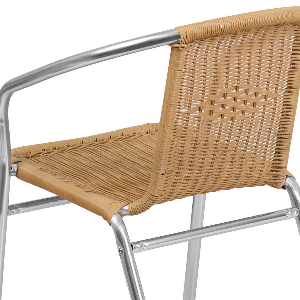 Commercial Aluminum and Beige Rattan Indoor-Outdoor Restaurant Stack Chair. Picture 8