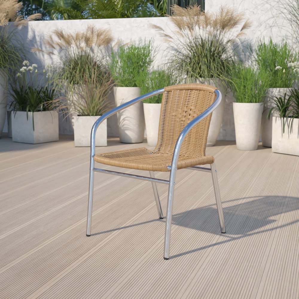 Commercial Aluminum and Beige Rattan Indoor-Outdoor Restaurant Stack Chair. Picture 5