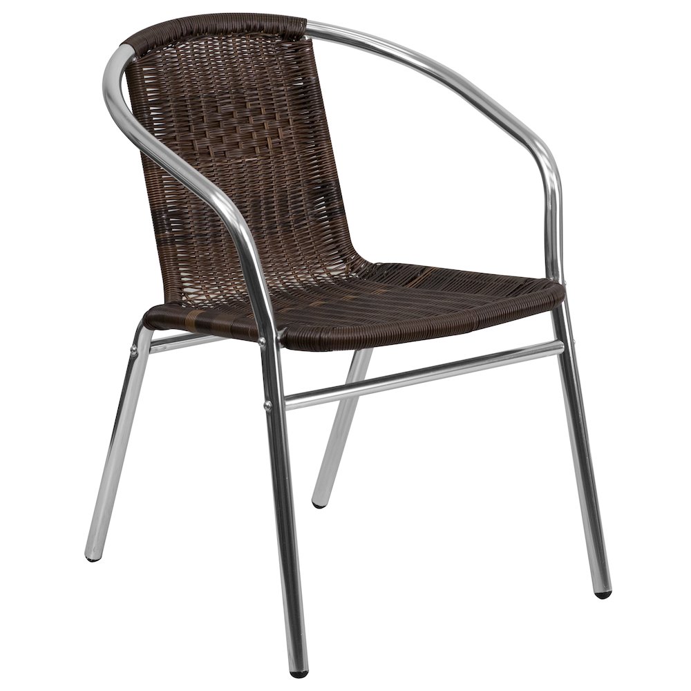 Aluminum and Dark Brown Rattan Indoor-Outdoor Restaurant Stack Chair. Picture 1