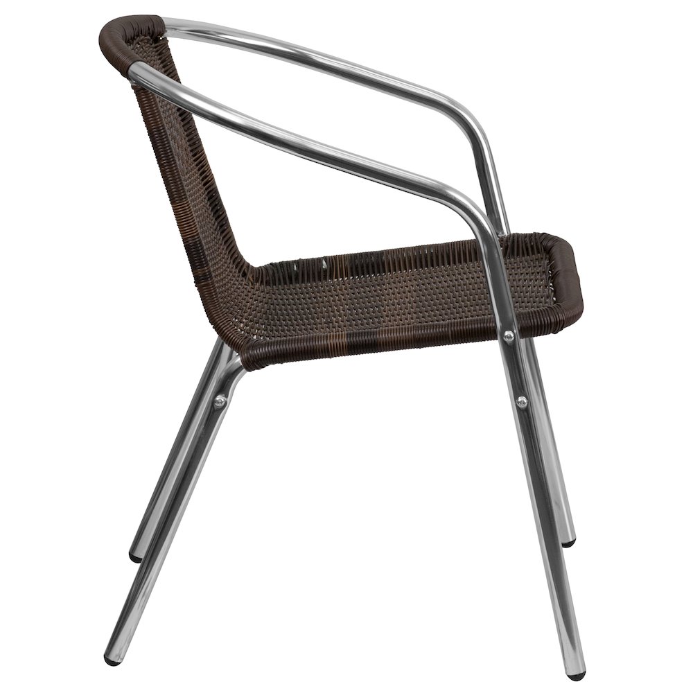 Aluminum and Dark Brown Rattan Indoor-Outdoor Restaurant Stack Chair. Picture 9
