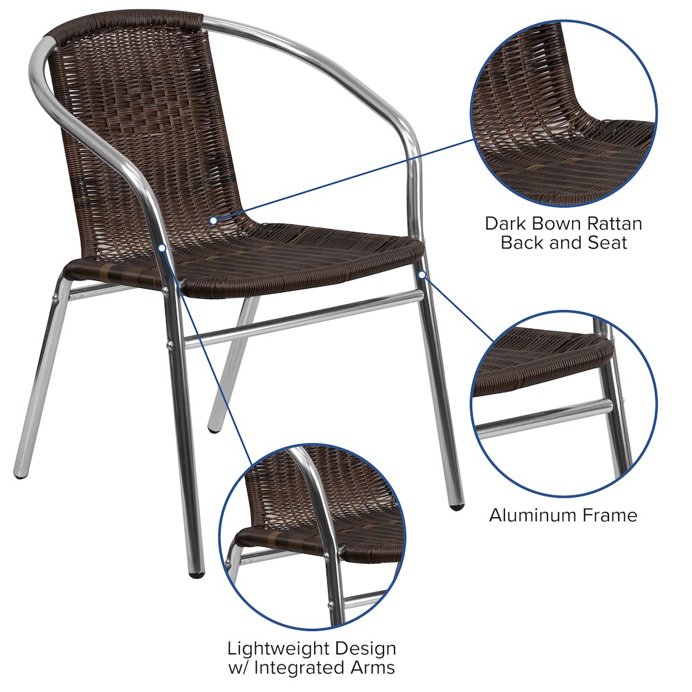 Aluminum and Dark Brown Rattan Indoor-Outdoor Restaurant Stack Chair. Picture 5