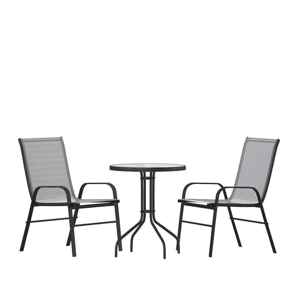 3 Piece Set - 23.75" Tempered Glass Patio Table, 2 Gray Stack Chairs. Picture 1