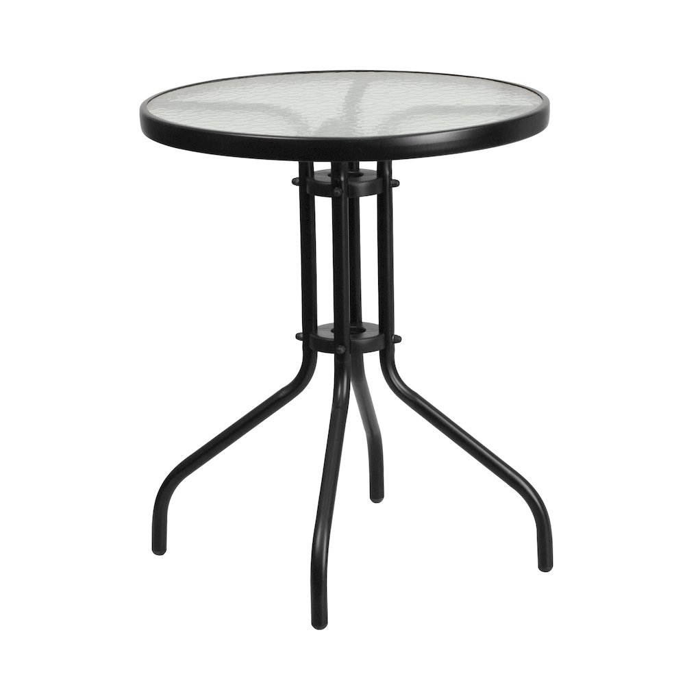 3 Piece Set - 23.75" Tempered Glass Patio Table, 2 Gray Stack Chairs. Picture 8