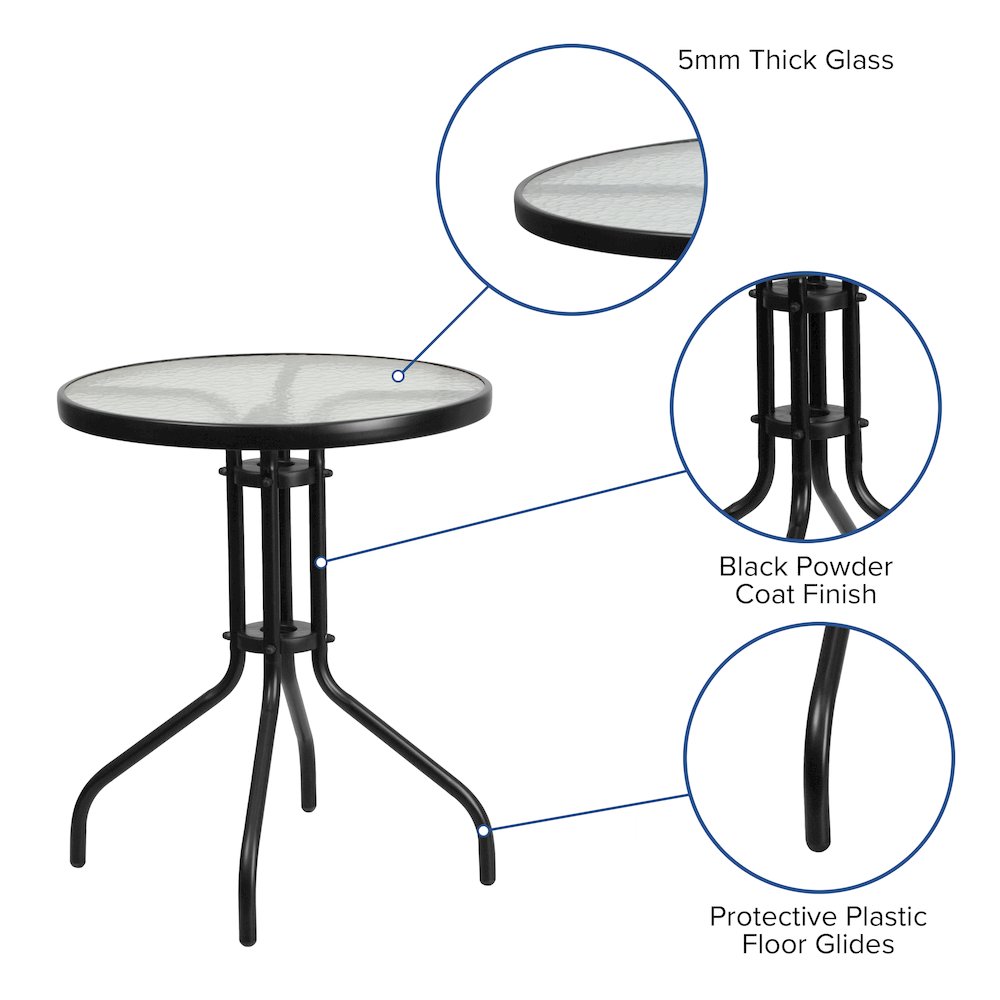 3 Piece Set - 23.75" Tempered Glass Patio Table, 2 Gray Stack Chairs. Picture 4