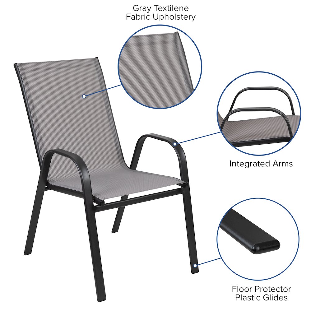 3 Piece Set - 23.75" Tempered Glass Patio Table, 2 Gray Stack Chairs. Picture 5