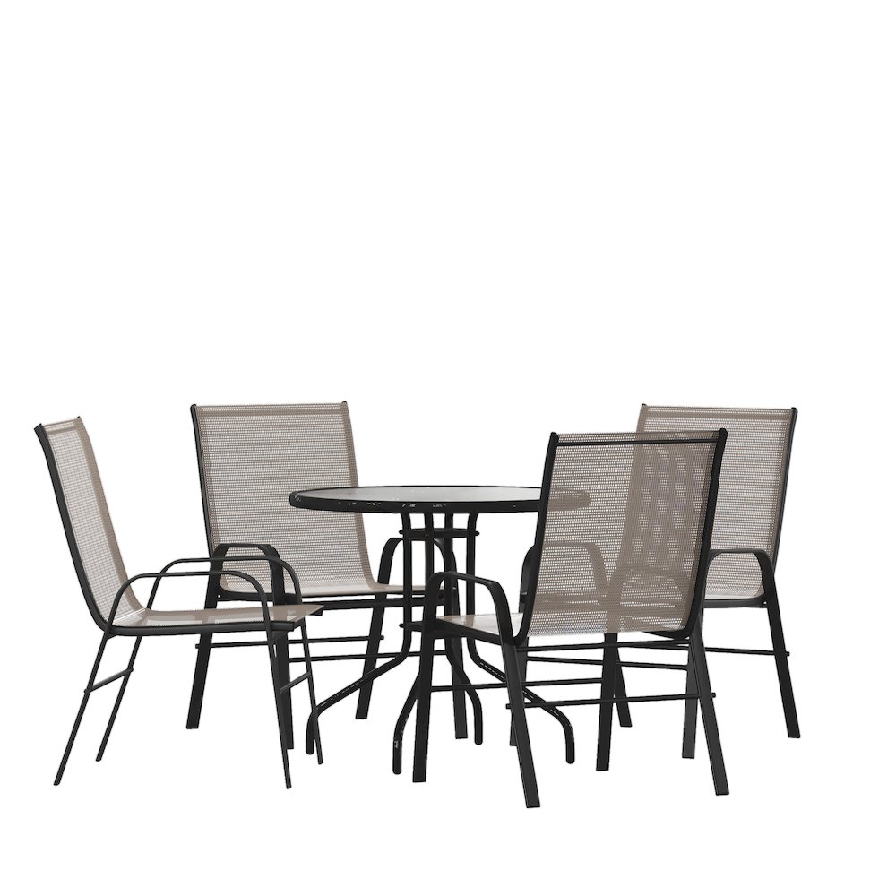5 Piece Set - 31.5" Tempered Glass Patio Table, 4 Brown Stack Chairs. Picture 1