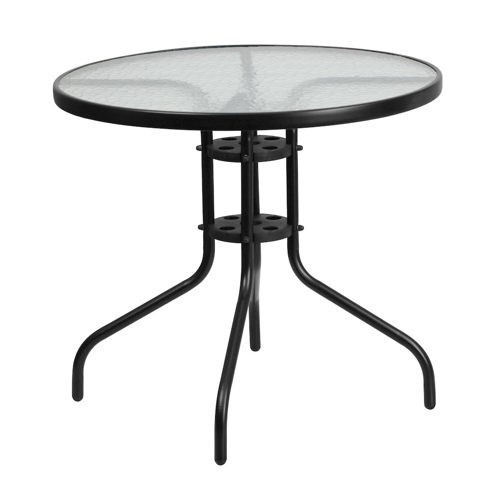 5 Piece Set - 31.5" Tempered Glass Patio Table, 4 Brown Stack Chairs. Picture 8