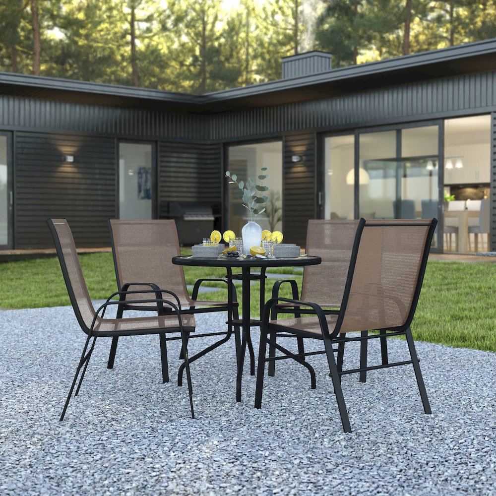 5 Piece Set - 31.5" Tempered Glass Patio Table, 4 Brown Stack Chairs. Picture 2