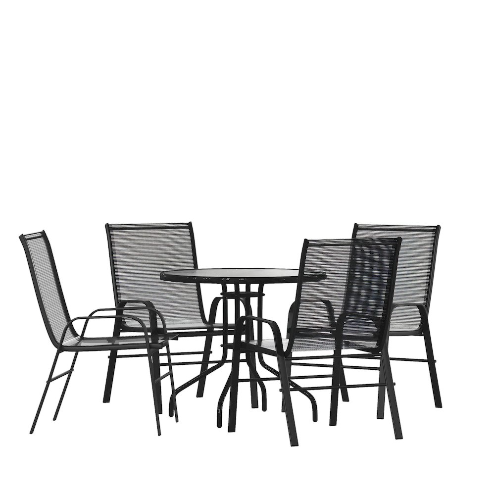 5 Piece Set - 31.5" Tempered Glass Patio Table, 4 Black Stack Chairs. Picture 1
