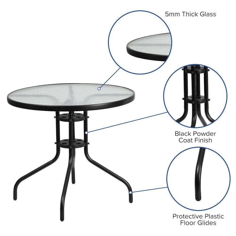 5 Piece Set - 31.5" Tempered Glass Patio Table, 4 Black Stack Chairs. Picture 4