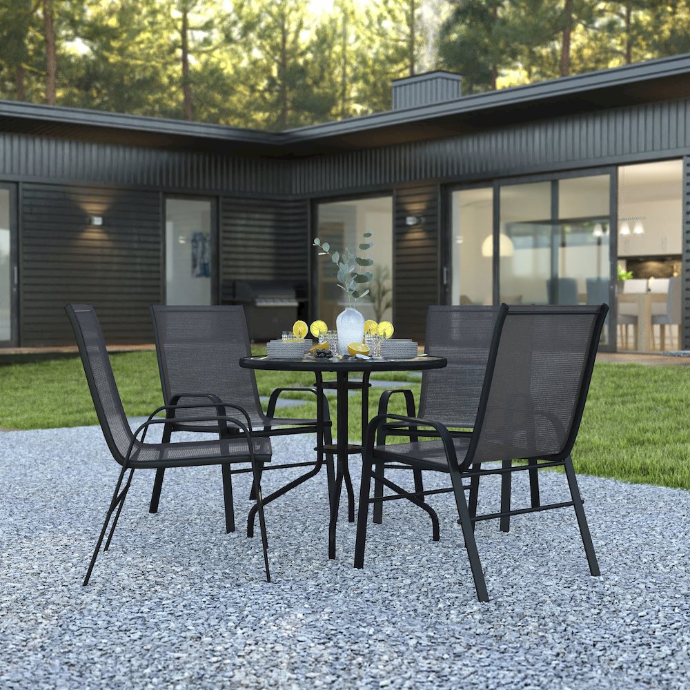 5 Piece Set - 31.5" Tempered Glass Patio Table, 4 Black Stack Chairs. Picture 2