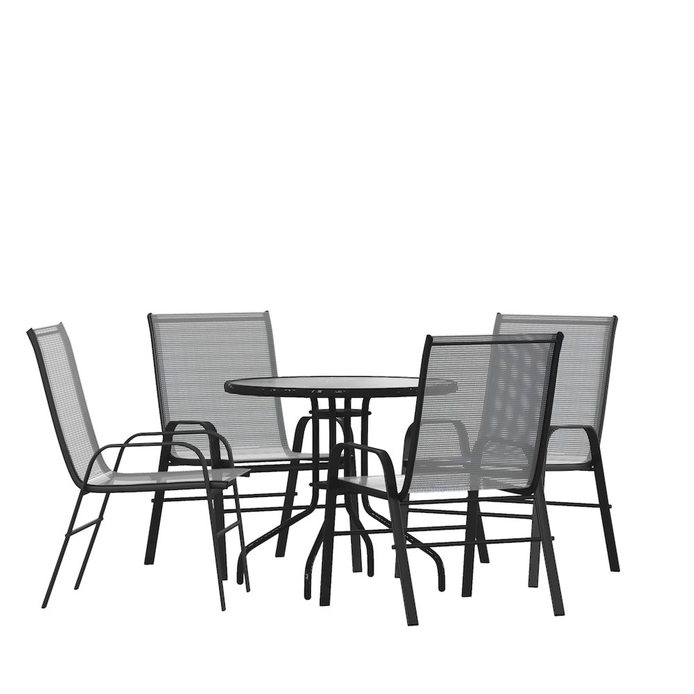 5 Piece Set - 31.5" Tempered Glass Patio Table, 4 Gray Stack Chairs. Picture 1