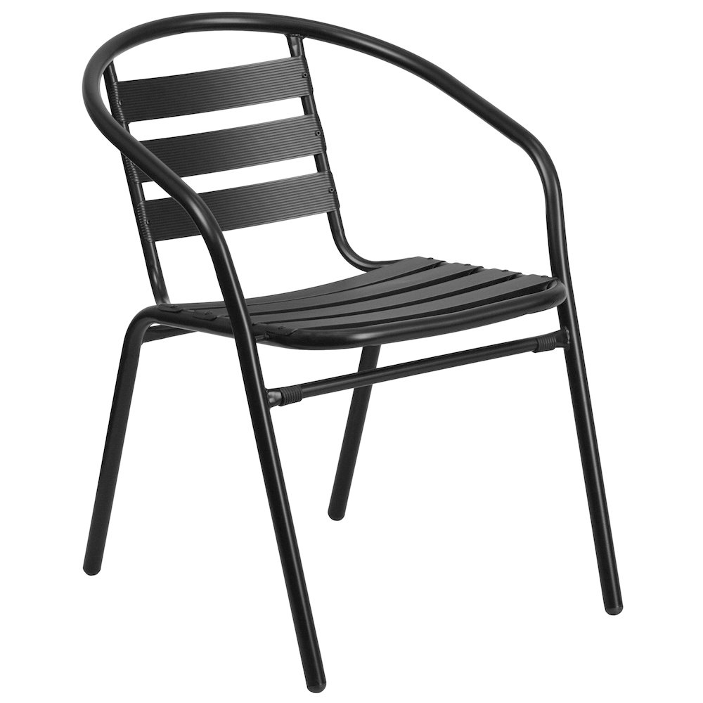 23.75'' Round Glass Metal Table with 2 Black Metal Aluminum Slat Stack Chairs. Picture 8