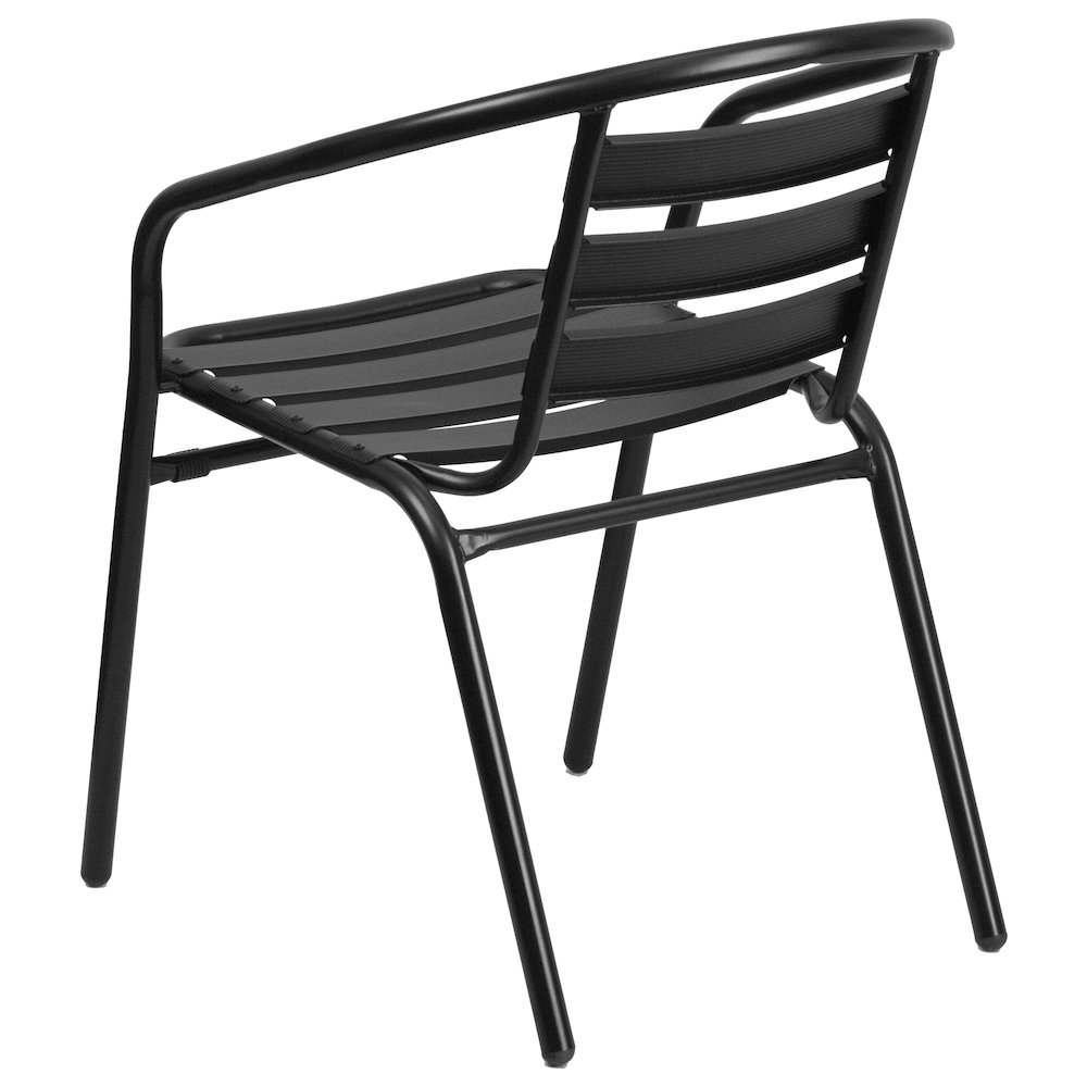 23.75'' Round Glass Metal Table with 2 Black Metal Aluminum Slat Stack Chairs. Picture 9