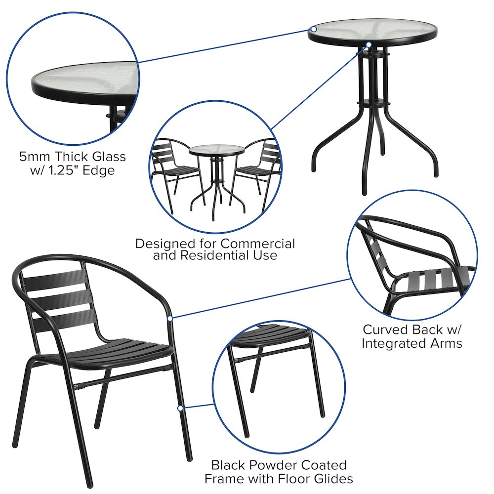 23.75'' Round Glass Metal Table with 2 Black Metal Aluminum Slat Stack Chairs. Picture 4