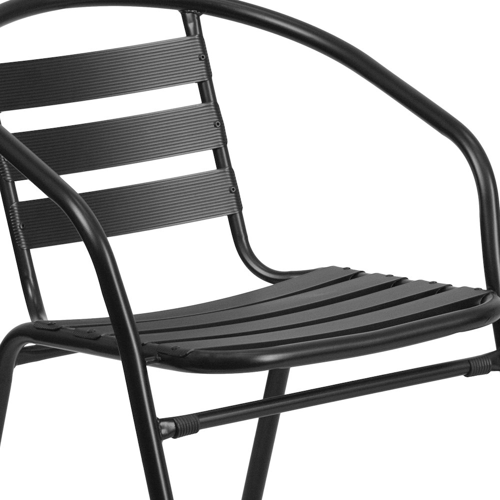 23.75'' Round Glass Metal Table with 2 Black Metal Aluminum Slat Stack Chairs. Picture 10