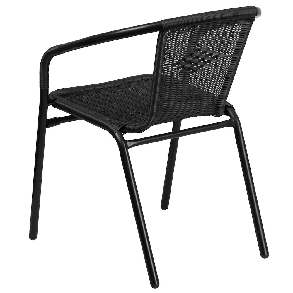 23.75'' Round Glass Metal Table with 2 Black Rattan Stack Chairs. Picture 10