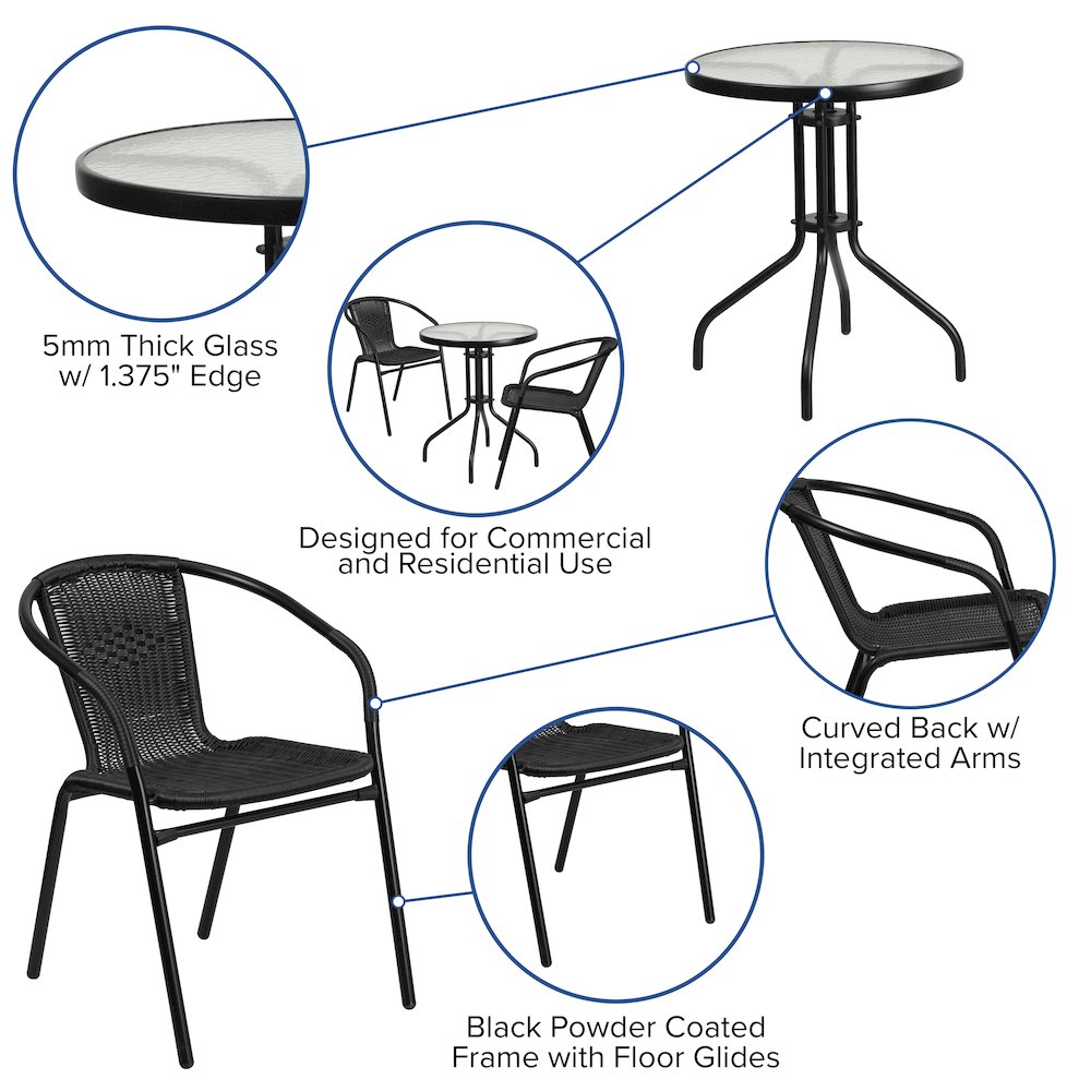 23.75'' Round Glass Metal Table with 2 Black Rattan Stack Chairs. Picture 4