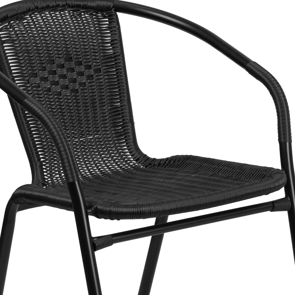 23.75'' Round Glass Metal Table with 2 Black Rattan Stack Chairs. Picture 9