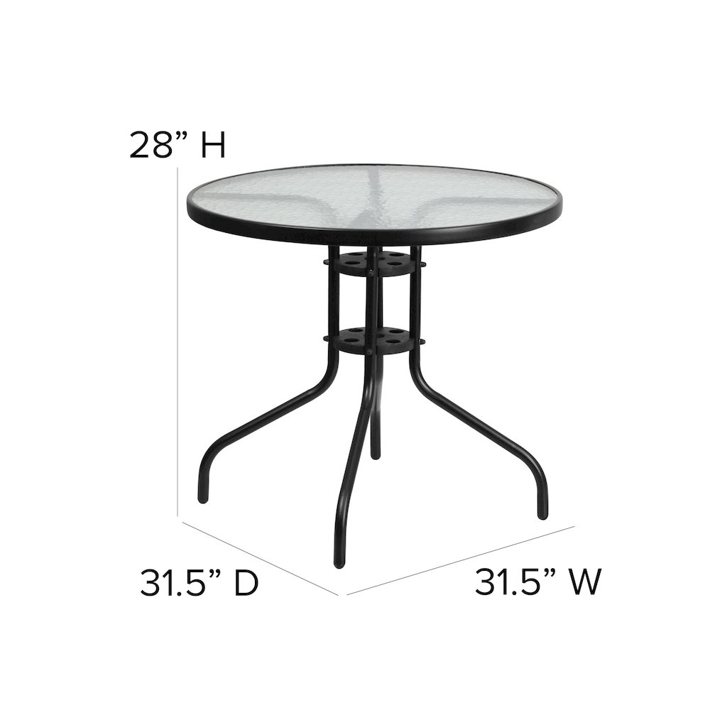 31.5'' Round Glass Metal Table with 4 Black Metal Aluminum Slat Stack Chairs. Picture 6
