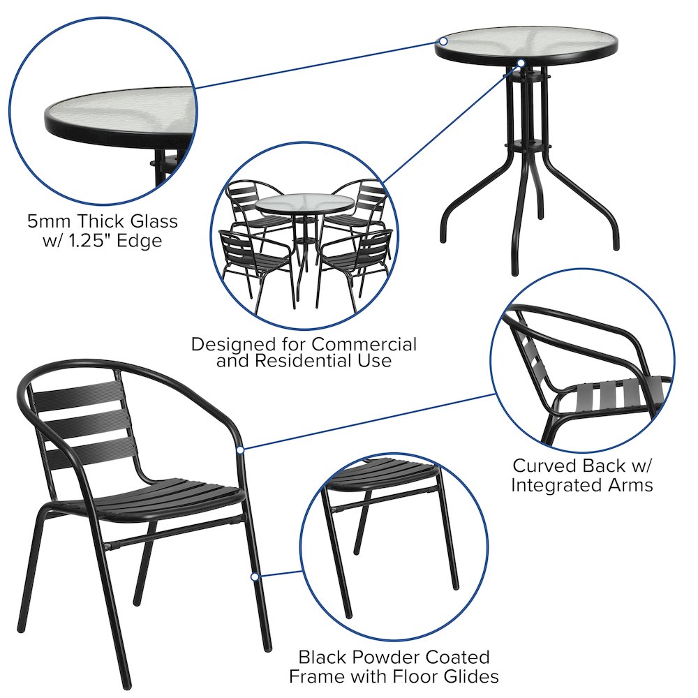 31.5'' Round Glass Metal Table with 4 Black Metal Aluminum Slat Stack Chairs. Picture 5