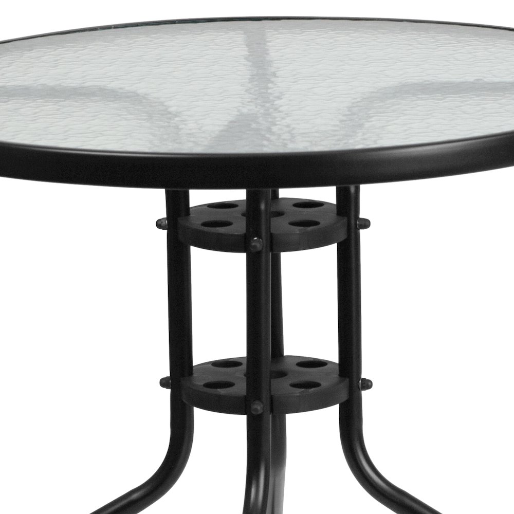 31.5'' Round Glass Metal Table with 4 Black Metal Aluminum Slat Stack Chairs. Picture 7
