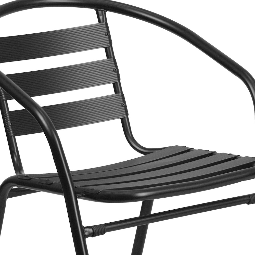 31.5'' Round Glass Metal Table with 4 Black Metal Aluminum Slat Stack Chairs. Picture 10