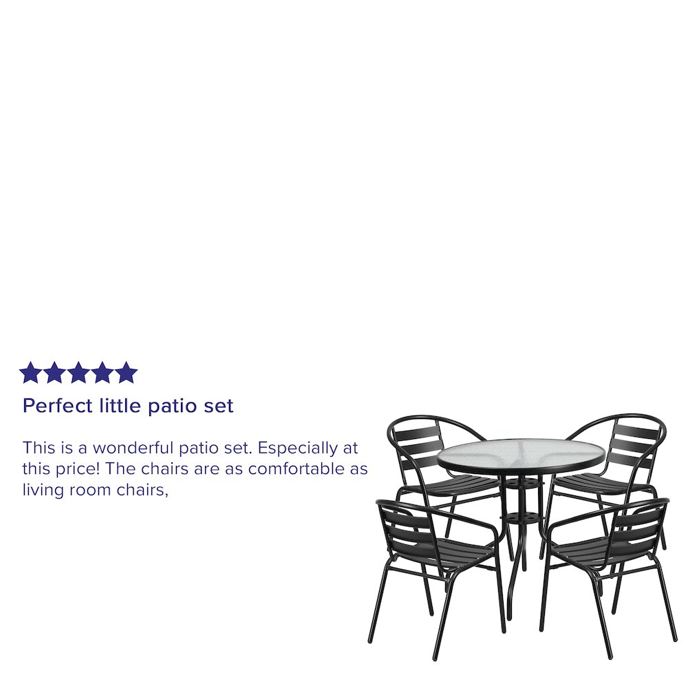 31.5'' Round Glass Metal Table with 4 Black Metal Aluminum Slat Stack Chairs. Picture 5