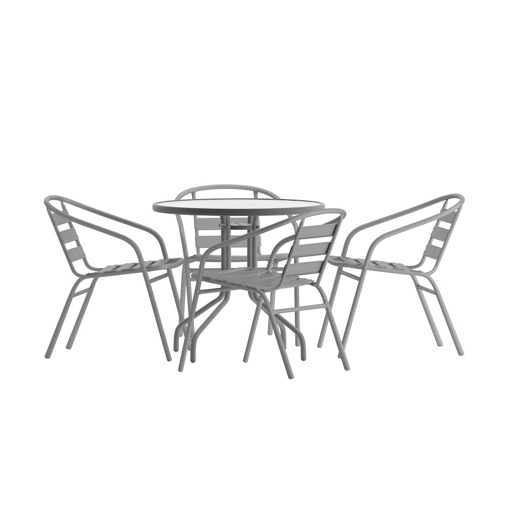 Lila 31.5'' Round Glass Top Metal Table with 4 Silver Aluminum Slat Stack Chairs. Picture 1