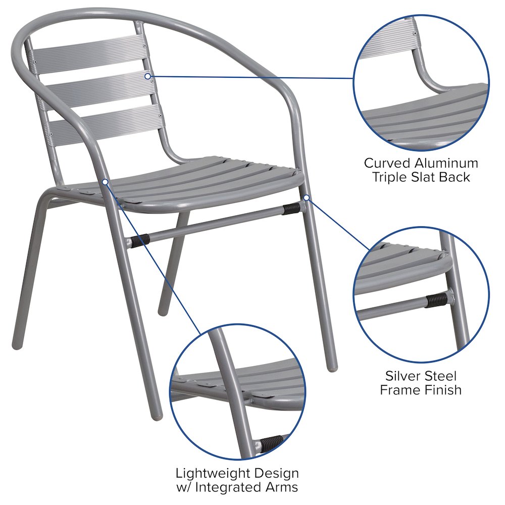 Lila 31.5'' Round Glass Top Metal Table with 4 Silver Aluminum Slat Stack Chairs. Picture 4