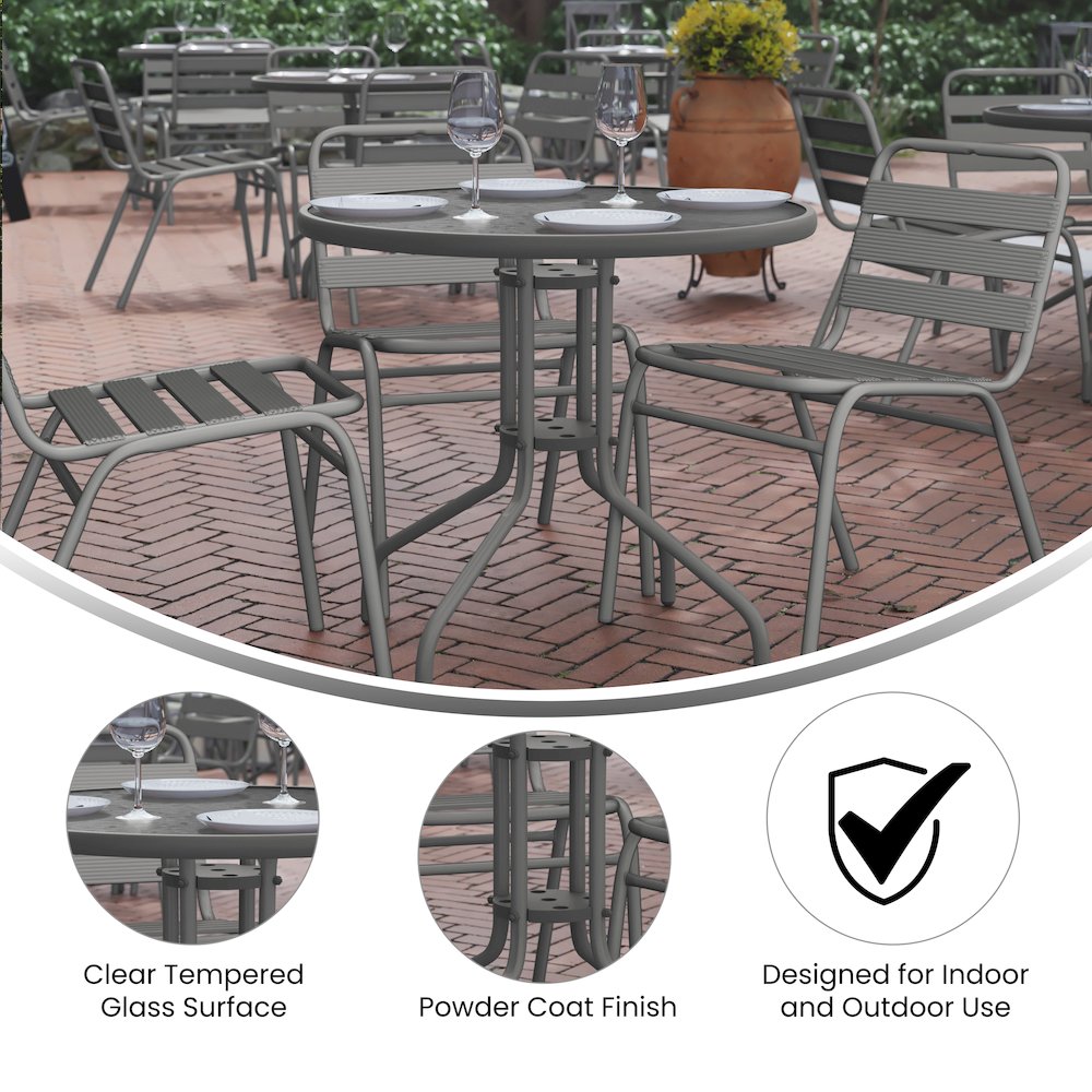 Lila 31.5'' Round Glass Top Metal Table with 4 Silver Aluminum Slat Stack Chairs. Picture 5