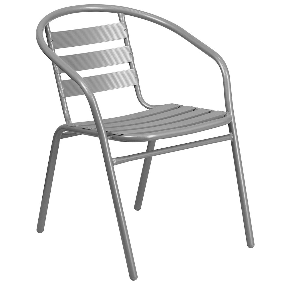 Lila 31.5'' Round Glass Top Metal Table with 4 Silver Aluminum Slat Stack Chairs. Picture 10