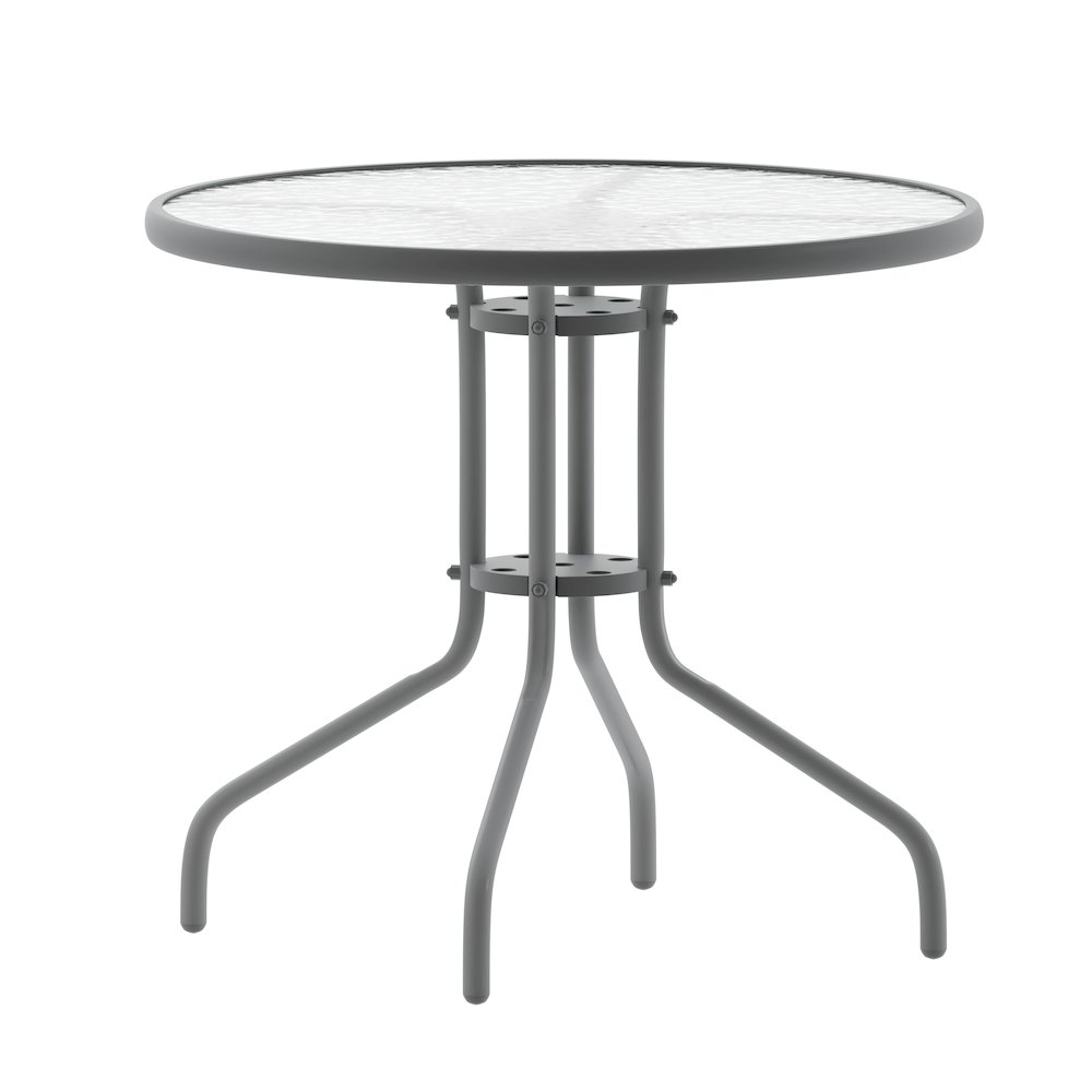 Lila 31.5'' Round Glass Top Metal Table with 4 Silver Aluminum Slat Stack Chairs. Picture 11