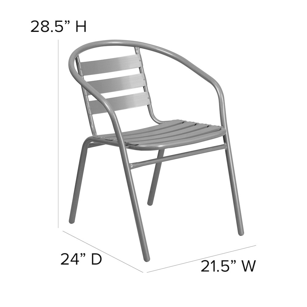 Lila 31.5'' Round Glass Top Metal Table with 4 Silver Aluminum Slat Stack Chairs. Picture 6