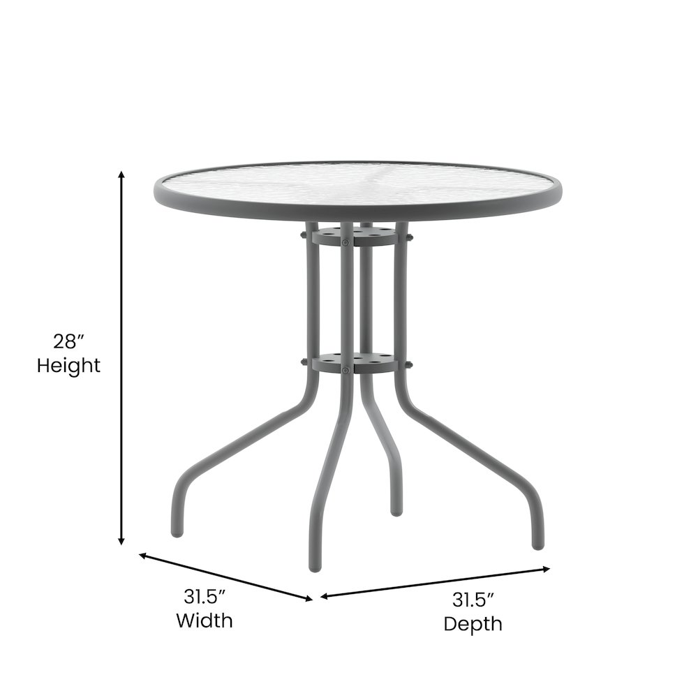 Lila 31.5'' Round Glass Top Metal Table with 4 Silver Aluminum Slat Stack Chairs. Picture 7