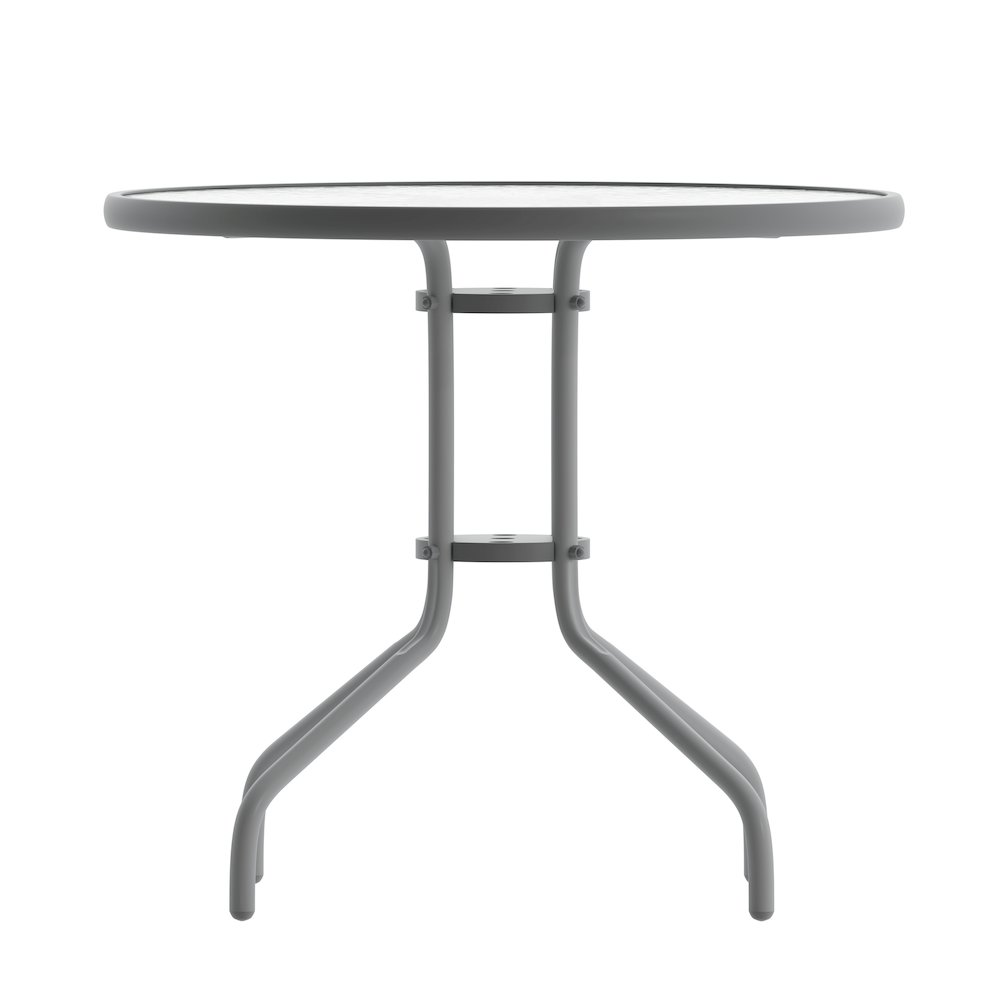 Lila 31.5'' Round Glass Top Metal Table with 4 Silver Aluminum Slat Stack Chairs. Picture 13