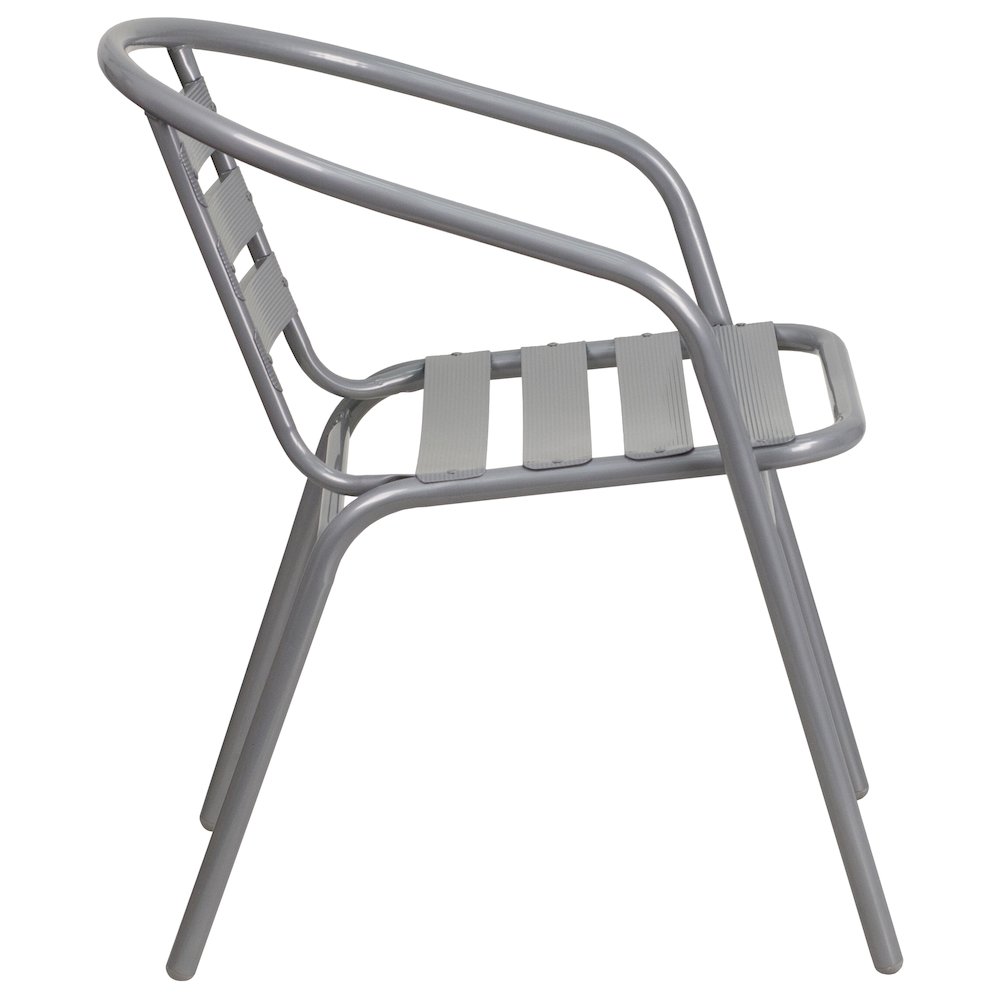 Lila 31.5'' Round Glass Top Metal Table with 4 Silver Aluminum Slat Stack Chairs. Picture 12